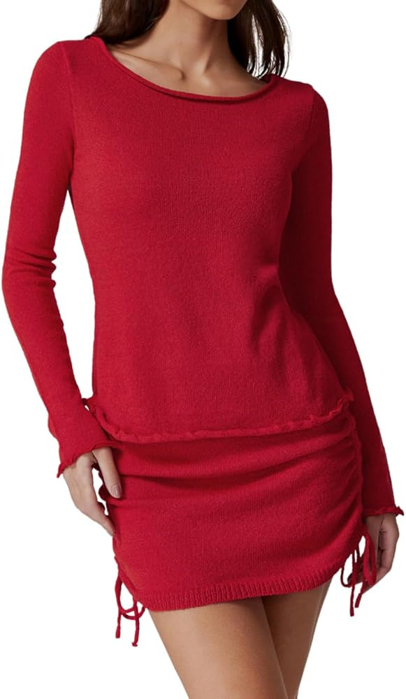 QINSEN Womens Crewneck Lettuce Hem Long Sleeve Knit Top with Drawsting Tie Skirt 2PCS Sweater Set | Amazon (US)