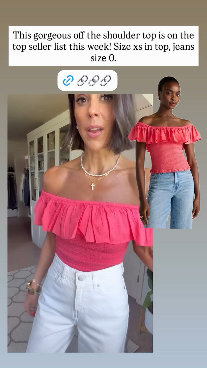 This gorgeous off the shoulder top is on the top seller list this week! Size xs in top, jeans size 0.