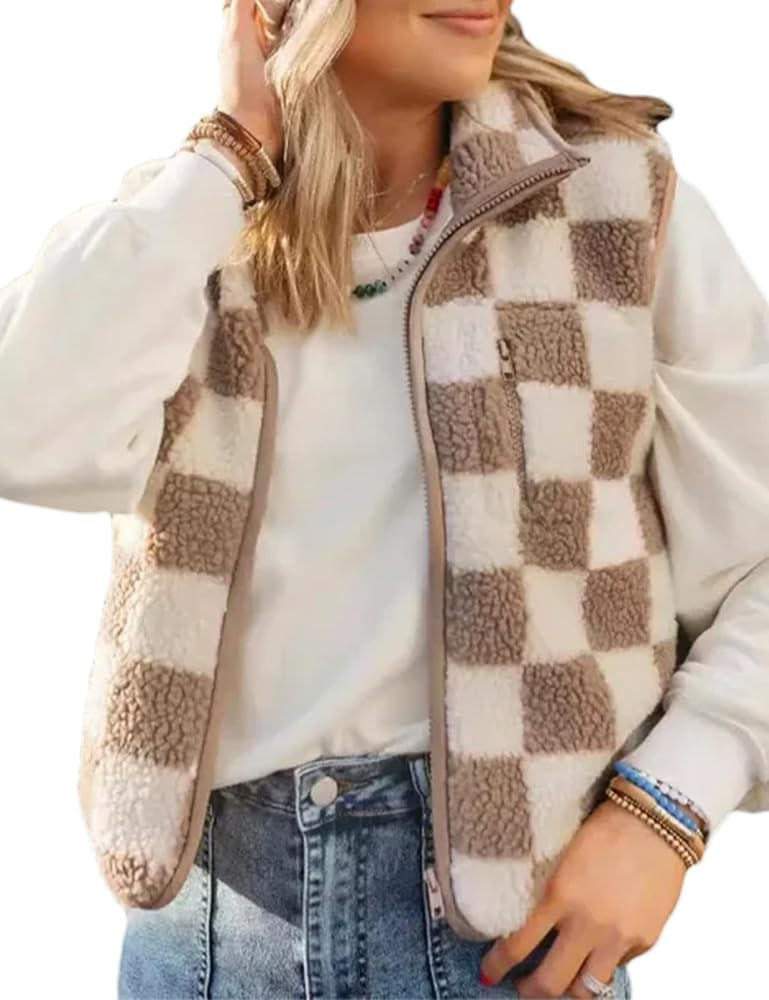 Sherpa Vest for Women Sleeveless Fuzzy Fleece Checkered Jacket Warm Casual Gilet Outerwear with Z... | Amazon (US)