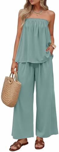ZESICA Women's Summer 2 Piece Sets 2026 Spring Casual Strapless Tube Top Wide Leg Pants Ruffle Be... | Amazon (US)