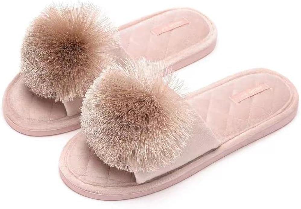 Women's Pom Pom House Slippers, Ladies Open Toe Bedroom Slipper, Comfy Slip-on Flat Home Shoes fo... | Amazon (US)
