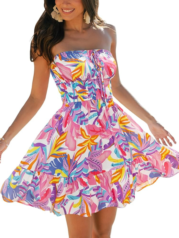 CUPSHE Women's Tropical Floral Tube Dress Strapless Beach Mini Sundress Smocked Waist Tie Front S... | Amazon (US)
