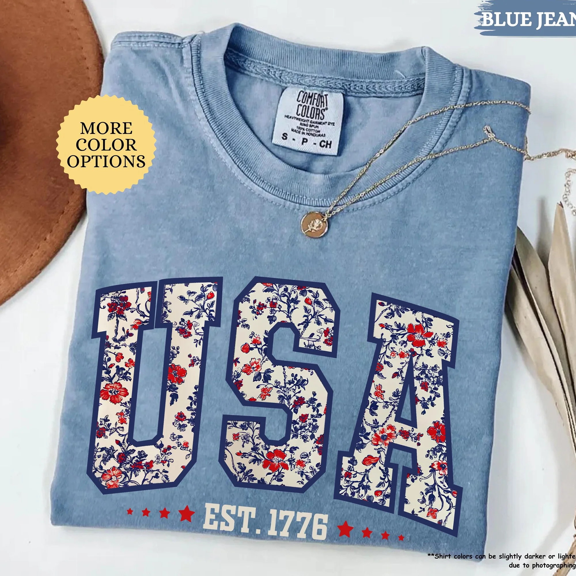Floral USA Shirt American Woman Shirt Retro Patriotic Tee 4th Of July Womens Tee Independe - Walm... | Walmart (US)