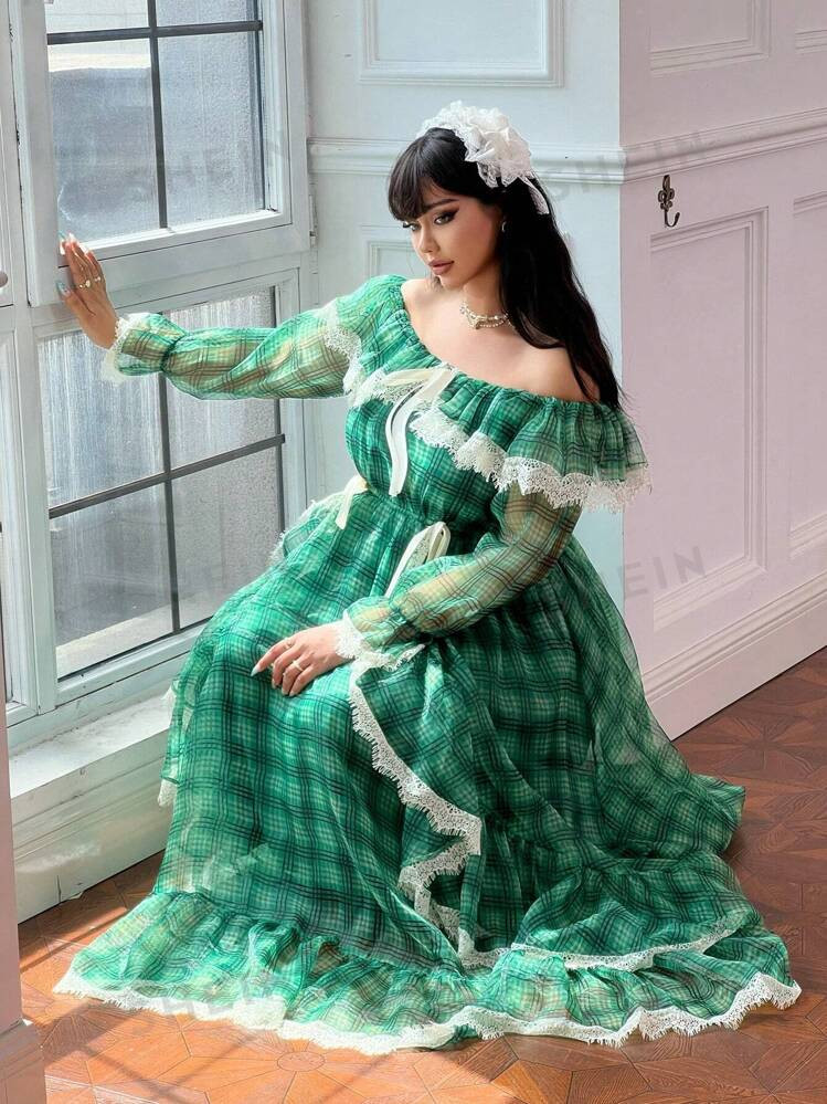 SHEIN MOD Plus Size Green Plaid Off-Shoulder Lace Trim Bow Tie Ruffle Hem High Waist Organza Plea... | SHEIN