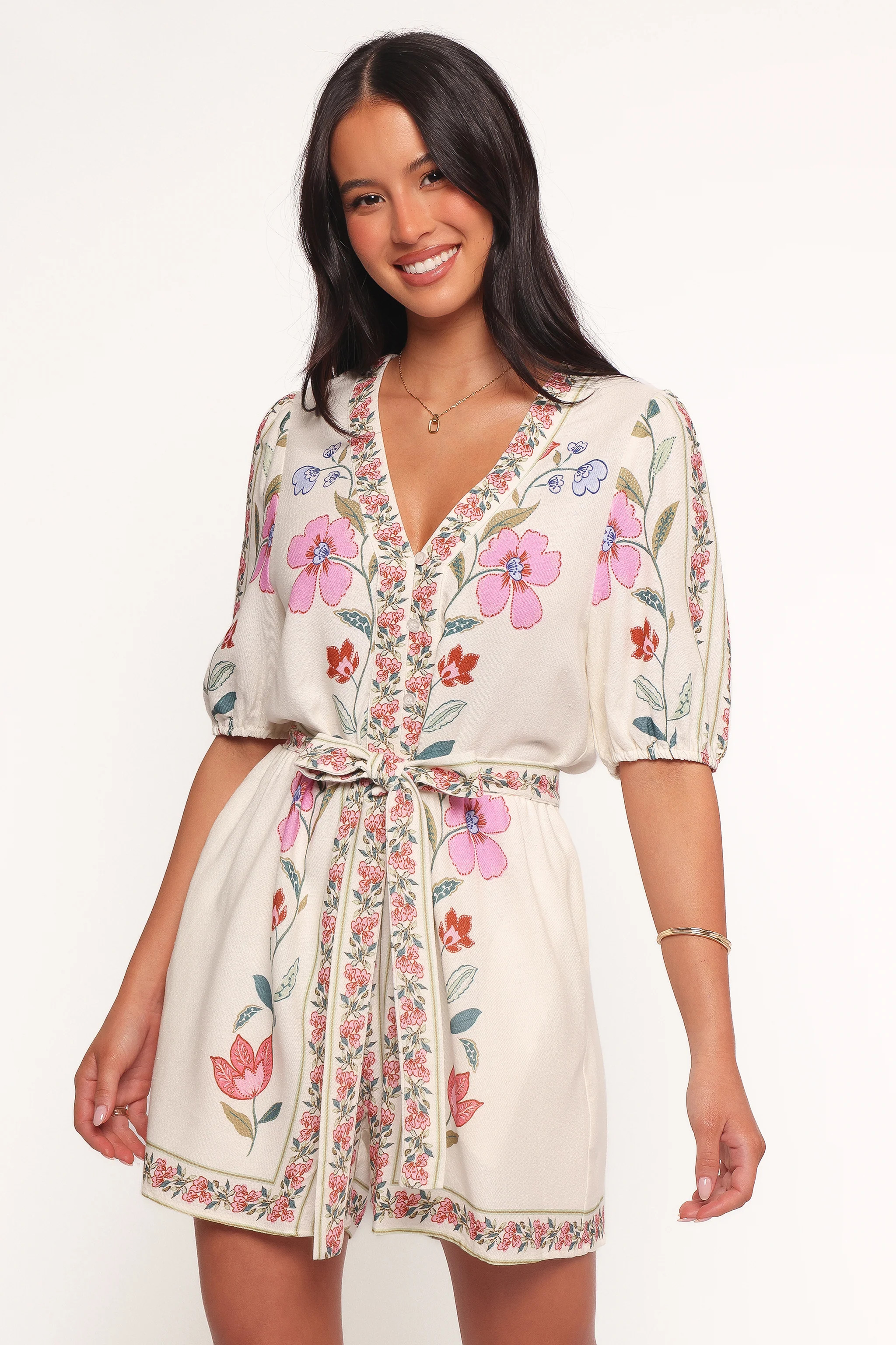 Ginger Tie Waist Romper - Pink Multi | Petal & Pup (US)