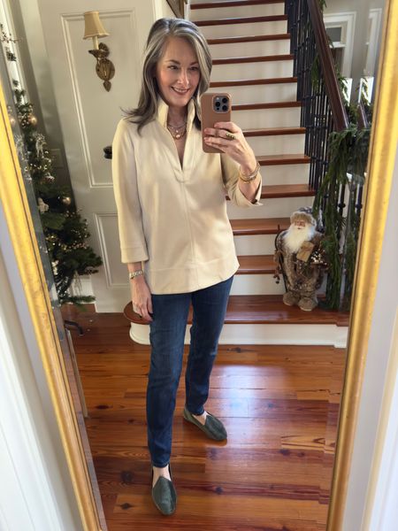 So happy to pull out my Tuckernuck top from last fall! Wore with my pull on Chico’s jeggings. It was a perfect outfit for a fall day in Asheville this week. #tuckernuck #chicos #birdies #layerednecklaces
Top: small
Jeans: .5
Birdies are true to size. 

#LTKstyletip #LTKover40 #LTKSeasonal