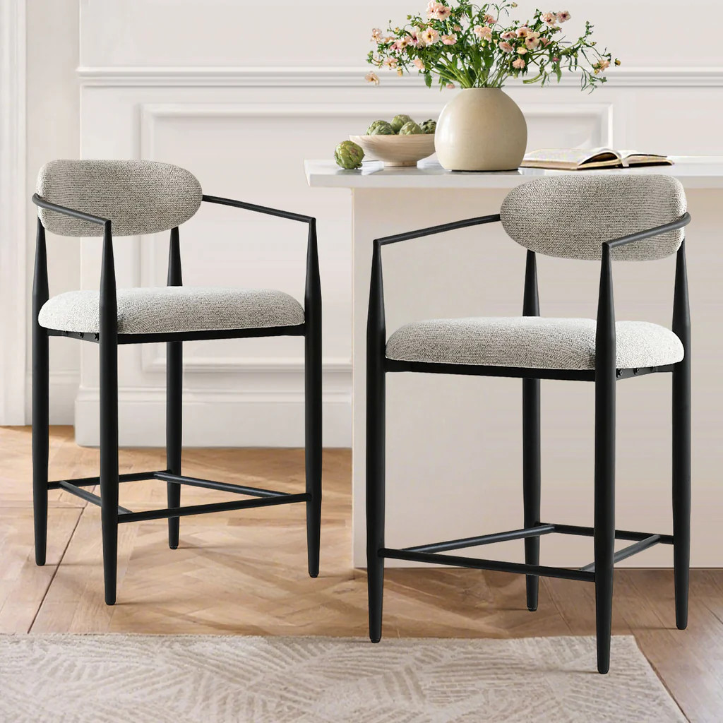 Manhattan 25.5" Chenille Metal Frame Counter Stool With Armrest And Footrest (Set of 2) | Pop Maison
