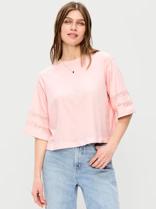 Vintage Crew-Neck Cropped Lace-Trim T-Shirt | Old Navy (US)