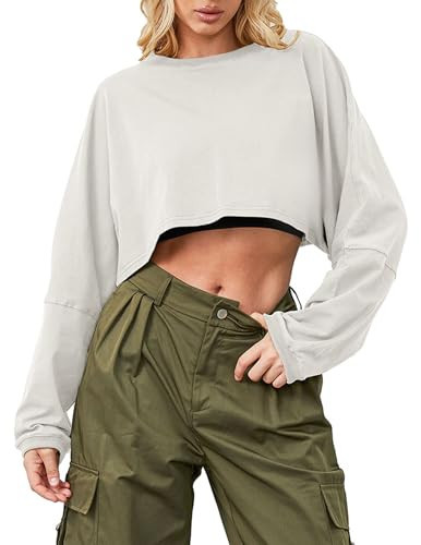 Ziesexy Cropped Sweatshirt Long Sleeve Crop Top Workout Oversized Sweatshirt Loose Crop Tops For Women Crewneck Sweatshirt Beige | Amazon (US)