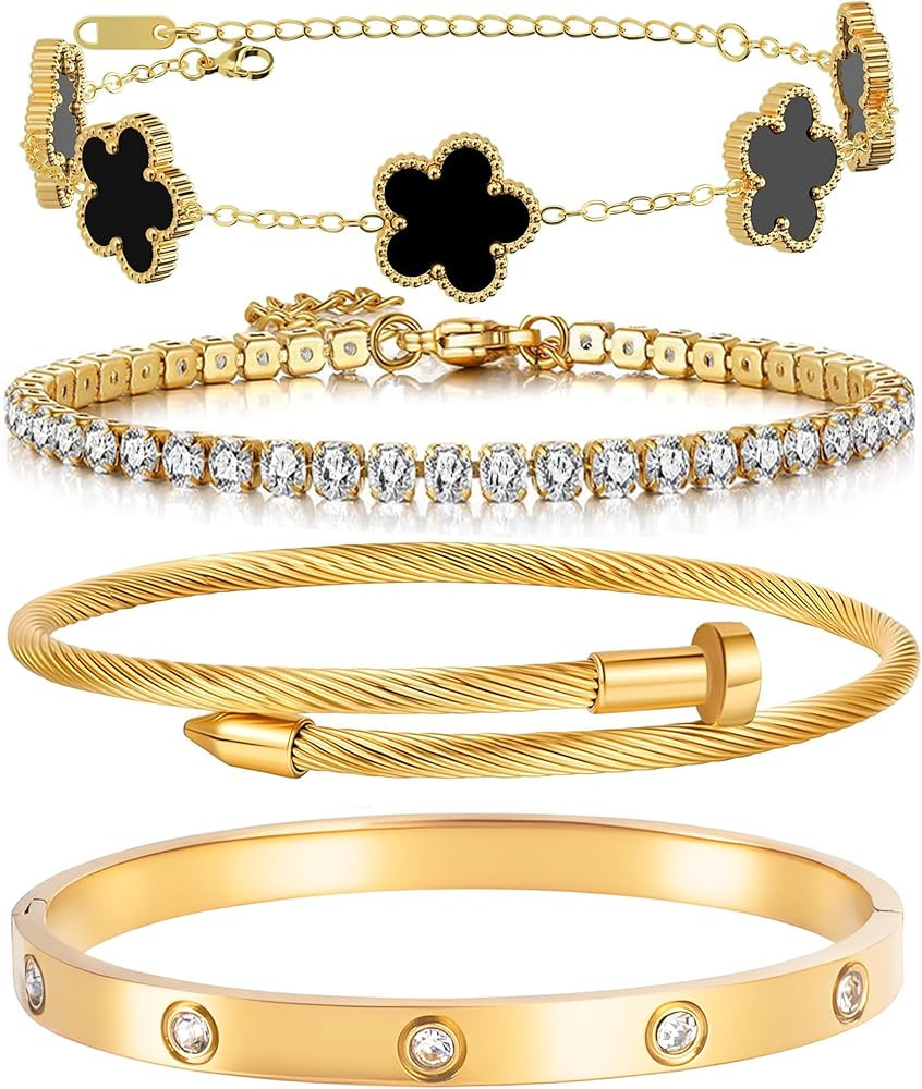 18K Gold Plated Womens Stackable Floral Gold Clover Bracelets Set Love Bangle Bracelets Non Tarni... | Amazon (US)