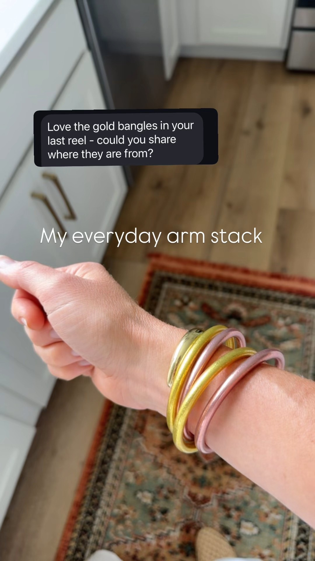 My everyday arm stack:
I’ve been wearing these bangles for the past 4 years…they never come off. 
Light weight, sweat + waterproof  + come in a stack of 8 (I have both the gold + rose gold) 

#LTKOver40 #LTKFindsUnder100 #LTKStyleTip