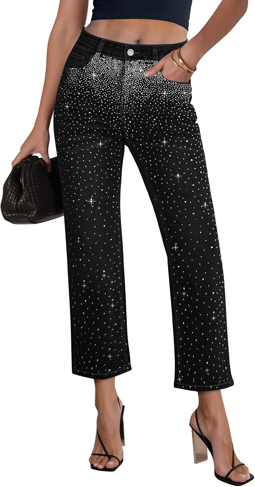GRAPENT Cropped Jeans for Women High Waisted Straight Leg Embellished Rhinestone Concert Party Ni... | Amazon (US)