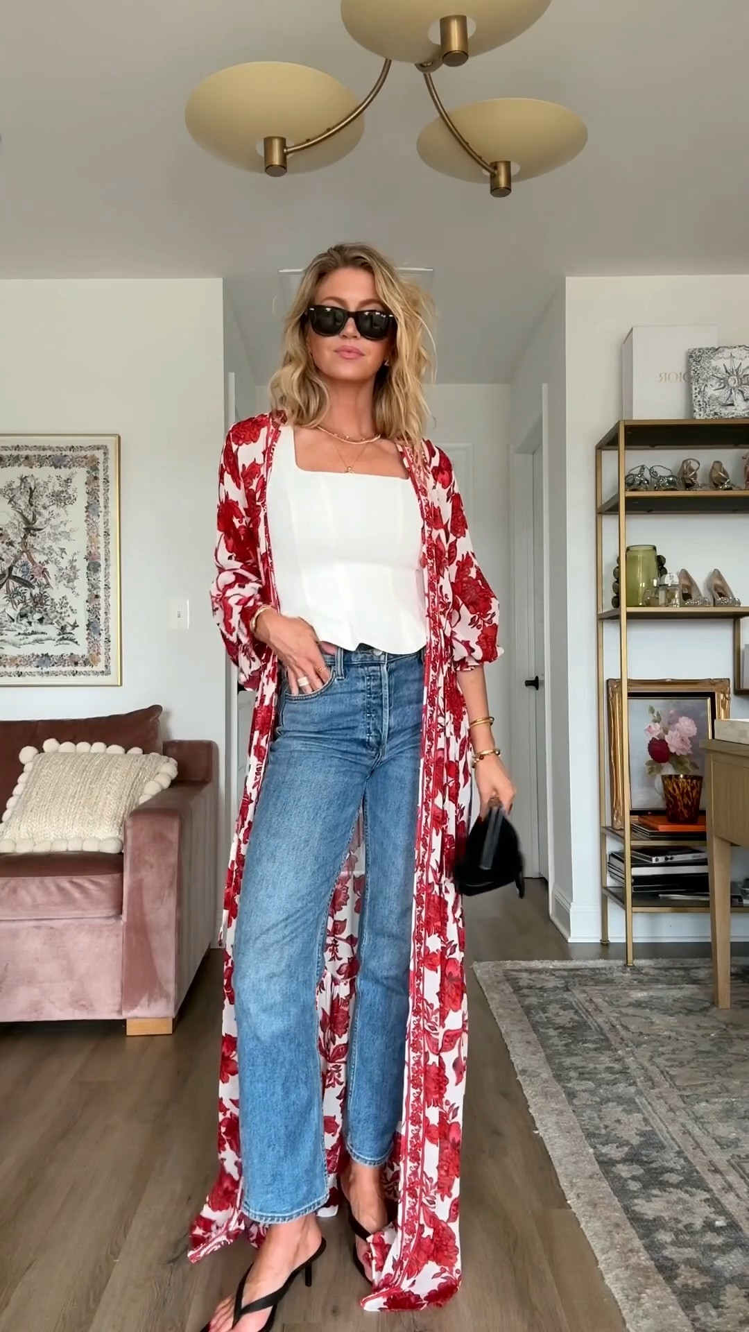 Cream corset top: TTS, wearing S 
High rise cigarette jeans: runs small, size up, wearing 26 
Black kitten heel thongs: TTS
Red and white floral kimono: TTS, wearing small

#LTKootd #LTKgrwm #LTKdayinmylife