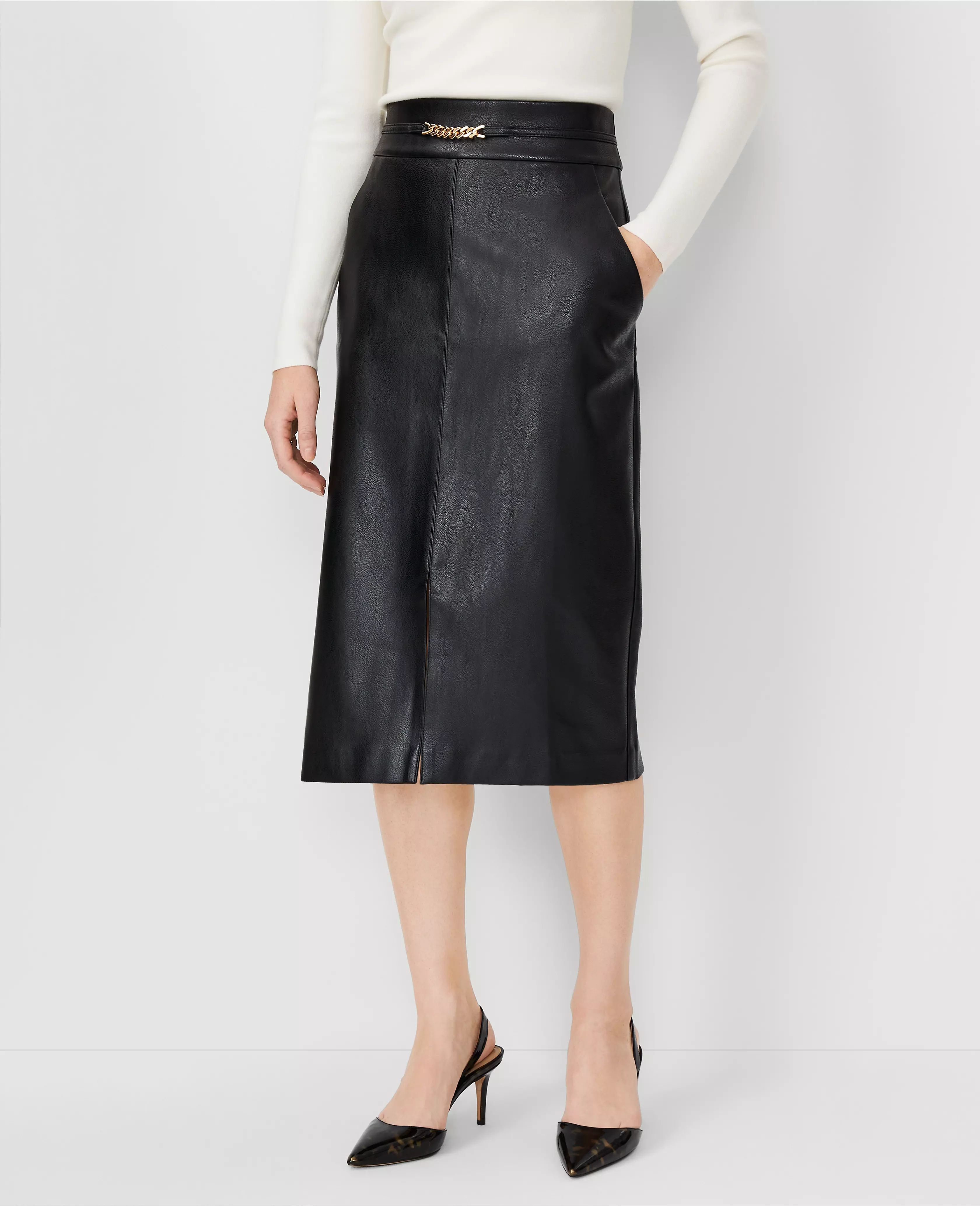 Chain Pebbled Faux Leather Pocket Midi Skirt | Ann Taylor (US)