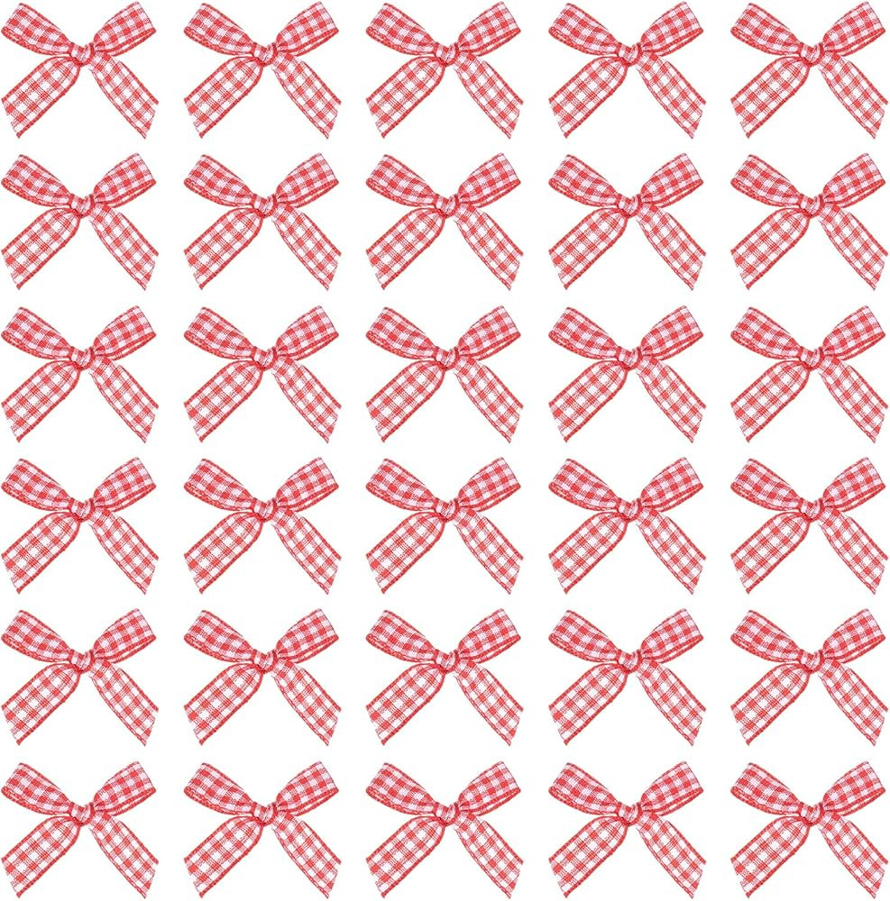 Amazon.com: MECCANIXITY 50 Pcs Mini Gingham Ribbon Bows 1.8 Inch Checkered Plaid Bow Fabric Satin for Craft DIY Cake Sewing Wedding Birthday Party Wrapping Christmas Decoration, Red White | Amazon (US)