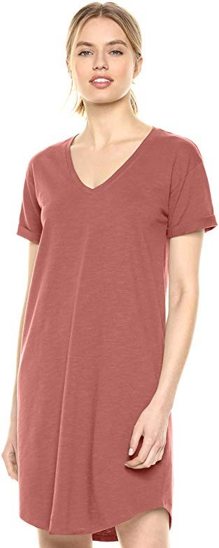 Amazon Brand - Daily Ritual Women's Lived-in Cotton Roll-Sleeve V-Neck T-Shirt Dress | Amazon (US)