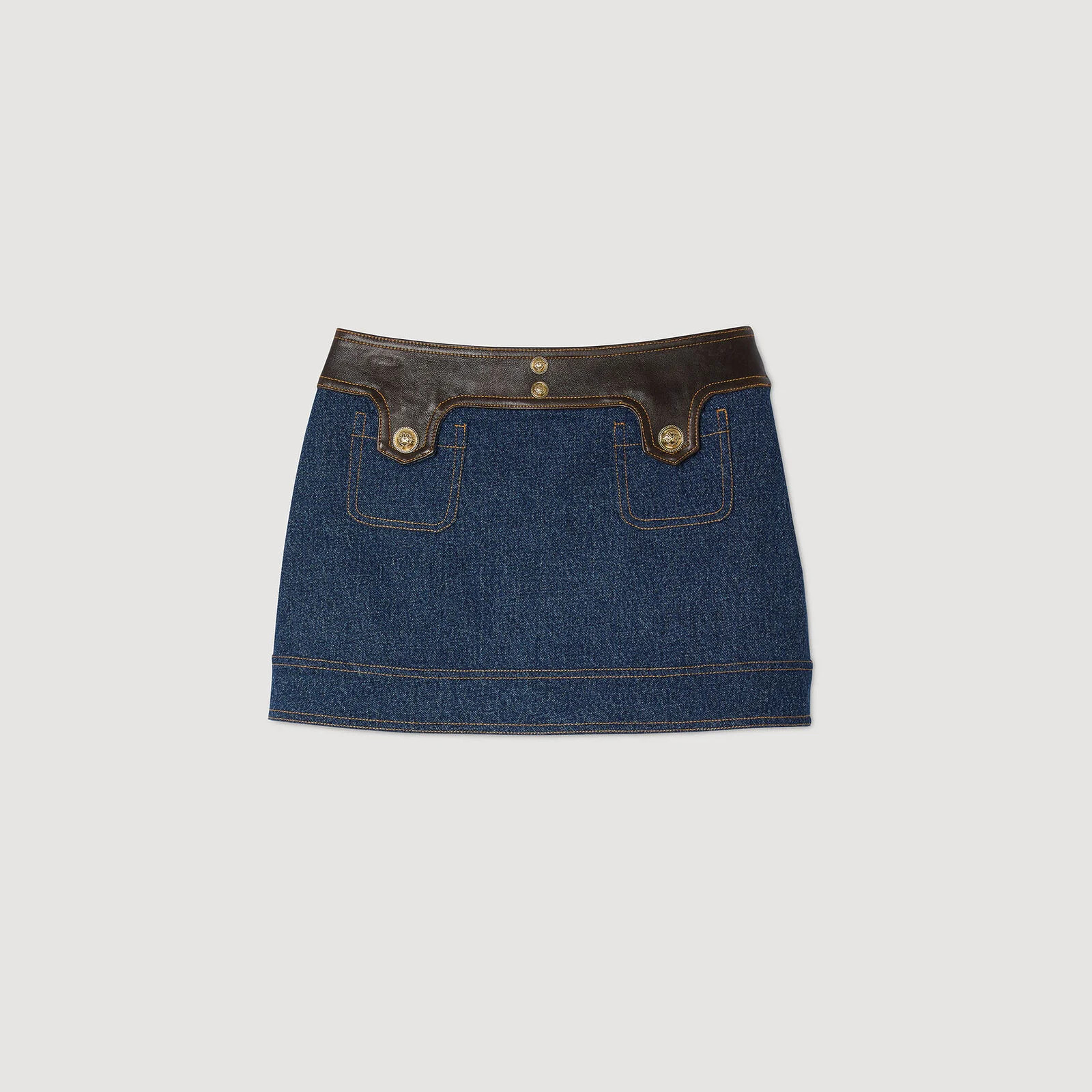 Mini denim and leather skirt | Sandro US | Sandro-Paris US