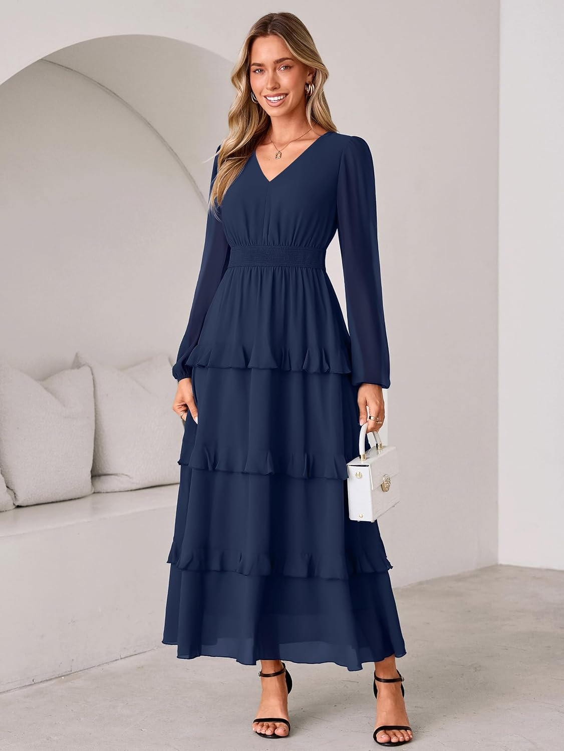 BerryGo Womens Long Sleeve Chiffon Ruffle Fall Wedding Guest Maxi Dress | Amazon (US)