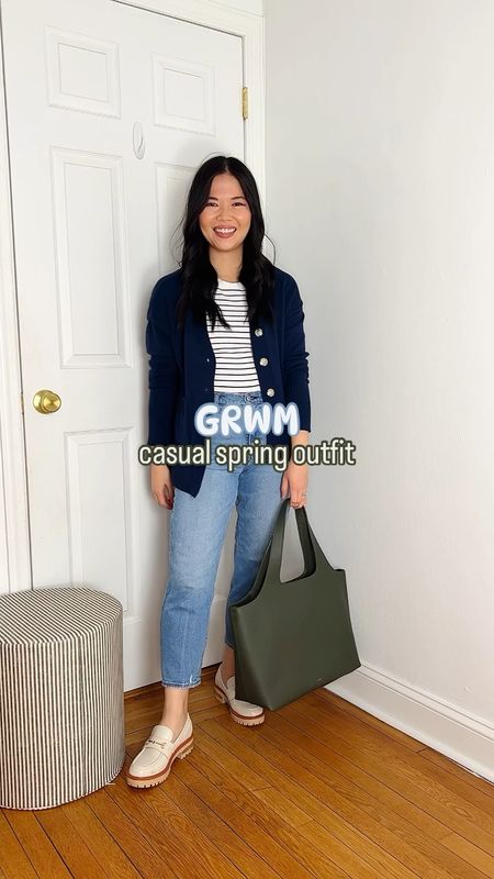 Navy cardigan (XS)
White striped t-shirt (XS)
High waisted mom jeans (28S)
Olive green tote bag
Cuyana System tote
White loafers (TTS)
White chunky loafers
Casual outfit
Casual spring outfit

#LTKstyletip #LTKfindsunder50 #LTKsalealert