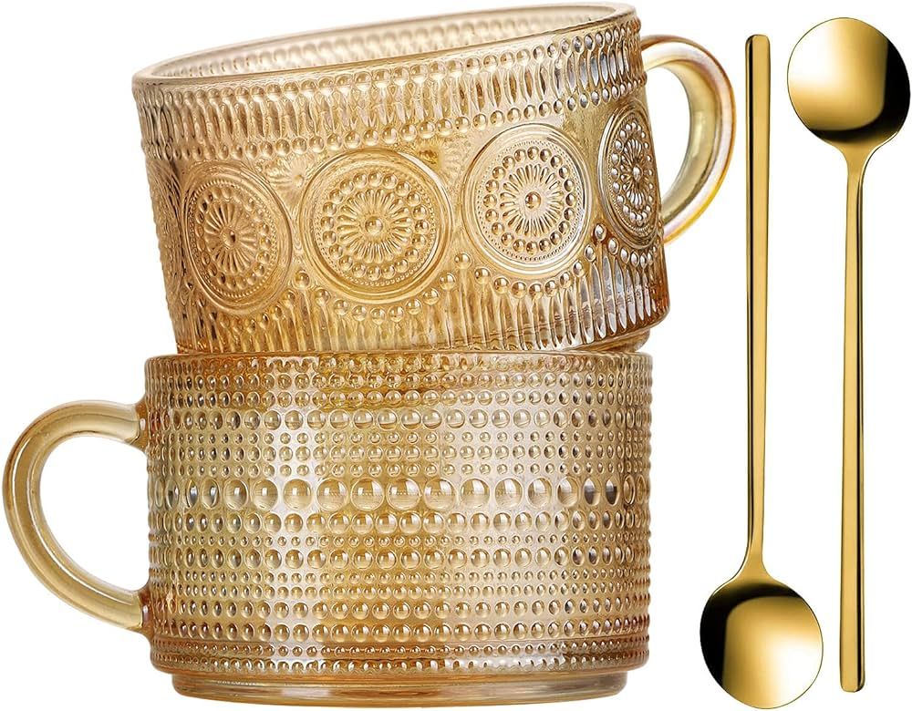 WHJY Vintage Glass Coffee Mugs with Spoon, Set of 2 espresso ribbed glass coffee cup，Embossed T... | Amazon (US)