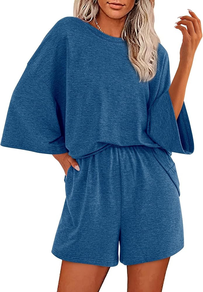 BTFBM Women Summer 2 Piece Outfits 2025 Matching Set Casual 3/4 Sleeve Tops Elastic Waist Shorts ... | Amazon (US)