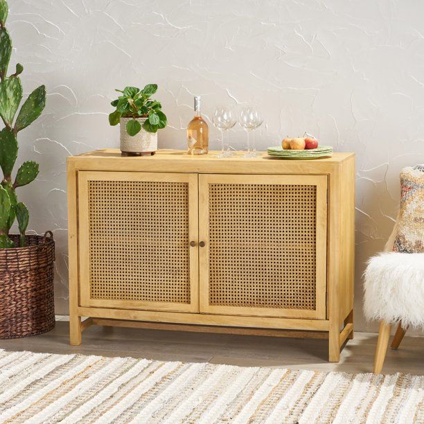 Viola Boho Handcrafted 2 Door Mango Wood Cabinet with Wicker Caning, Natural - Walmart.com | Walmart (US)