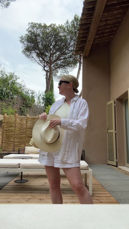 Poolside look featuring Summersalt one piece (8), reformation linen shorts (8), madewell oversized linen button down (S) and packable hat and straw tote 

#LTKSeasonal