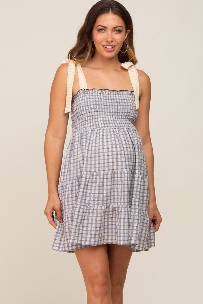 Black Gingham Color Block Shoulder Strap Maternity Dress | PinkBlush Maternity