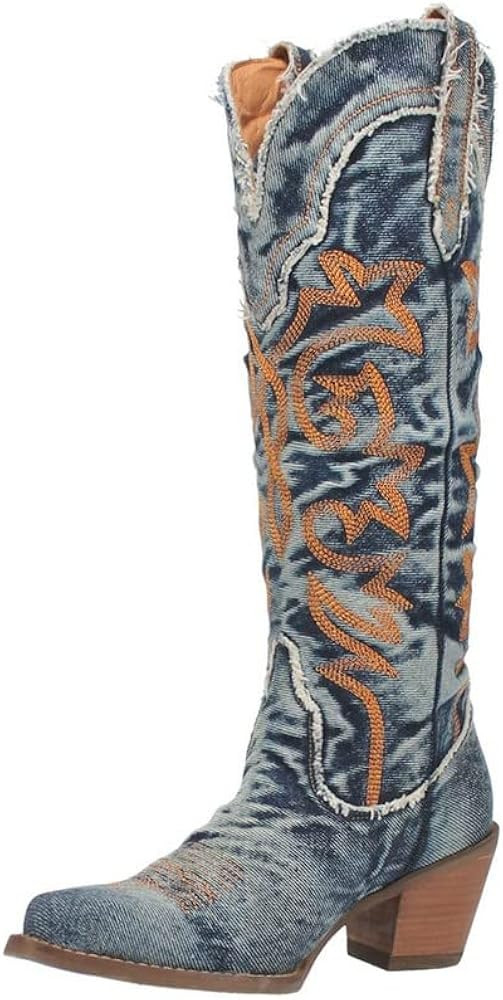 Dingo Womens Texas Tornado Denim Embroidered Snip Toe Casual Boots Mid Calf Mid Heel 2-3" - Blue | Amazon (US)
