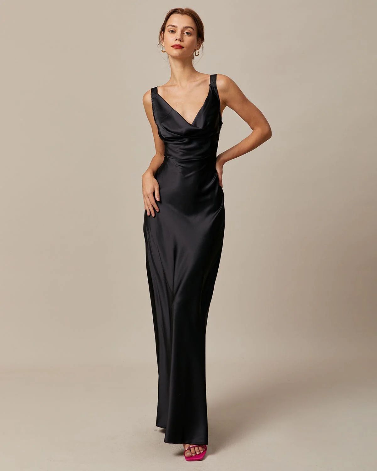 The Black Cowl Neck Sheath Satin Maxi Dress & Reviews - Black - Dresses | RIHOAS | rihoas.com