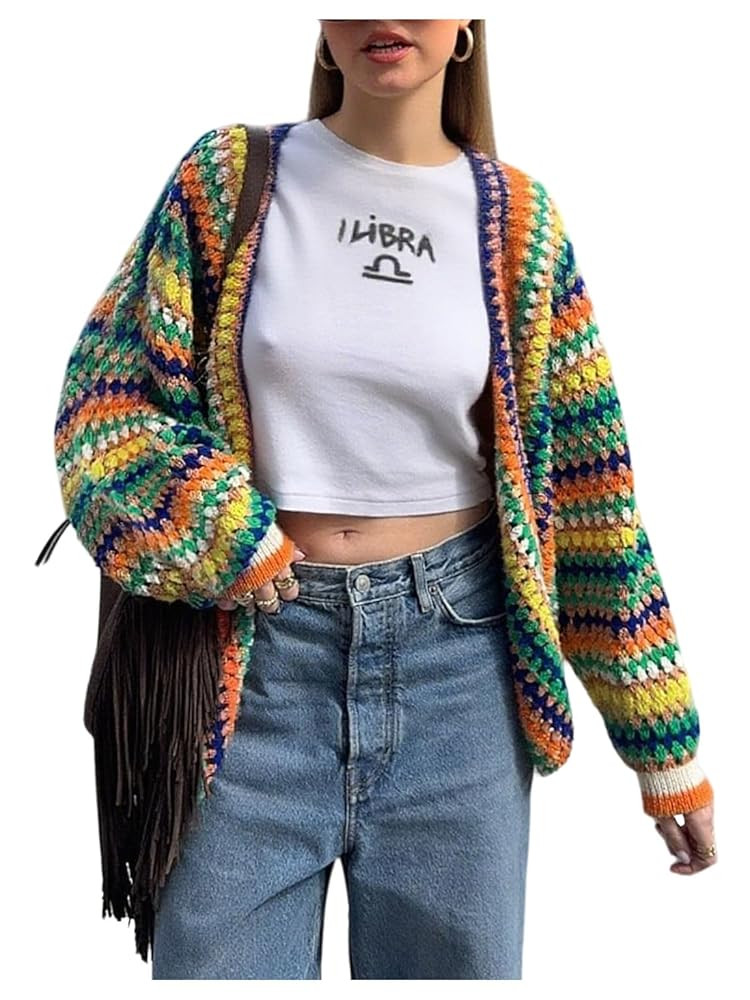 GORGLITTER Women's Open Front Rainbow Striped Cardigan Sweater Oversized Colorful Hollow Out Long... | Amazon (US)