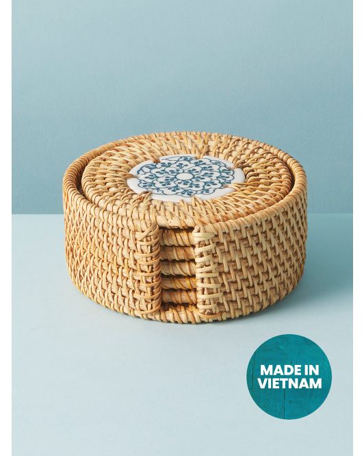 7pc Rattan And Ceramic Coasters And Holder Set | HomeGoods