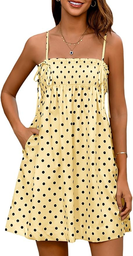 Yousify Women's Spaghetti Strap Babydoll Mini Dress Summer Casual Ruffled Smocked Polka Dot Short... | Amazon (US)
