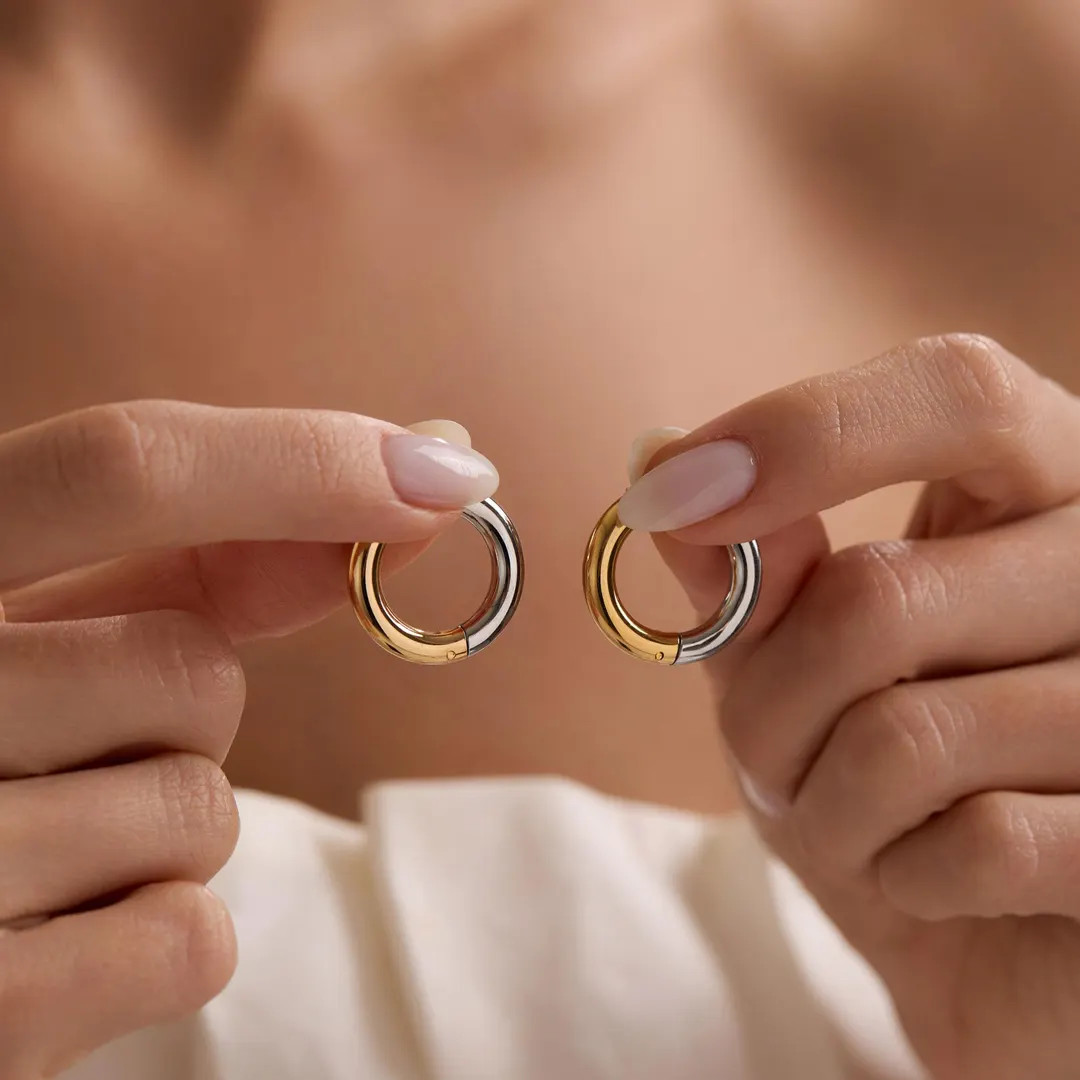 Two Tone Huggie Hoops, Geometric Earrings, Mixed Metal Jewelry | Etsy (US)