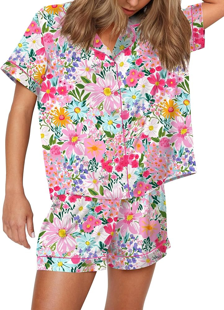 SHESHOW Satin Pajamas for Women Set Preppy Animals Pjs Short Sleeve Shorts 2 Piece Loungewear Set... | Amazon (US)