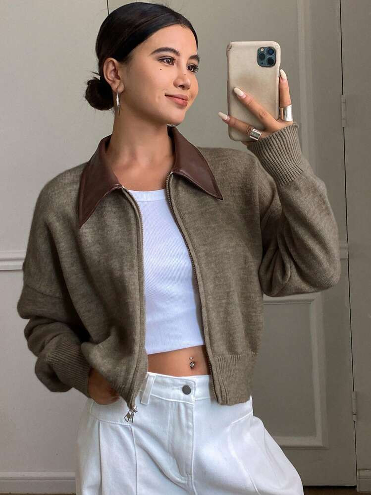 DAZY Loose Fit Color Block Long Sleeve Front Zipper Up Cardigan For Women,Fall Women Clothes Jack... | SHEIN