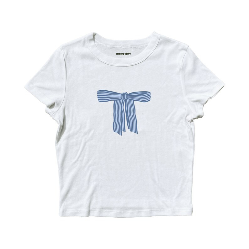 Blue Striped Bow Graphic Baby Tee Coquette Aesthetic Graphic Tee Summer Graphic Tee - Etsy | Etsy (US)