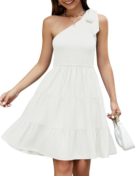 ZESICA Women's 2023 Summer Boho One Shoulder Sleeveless Solid Color Smocked Tiered Ruffle A Line ... | Amazon (US)
