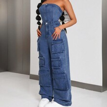 Womens Solid Color Strapless Denim Jumpsuit With Pockets Sleeveless Summer | SHEIN