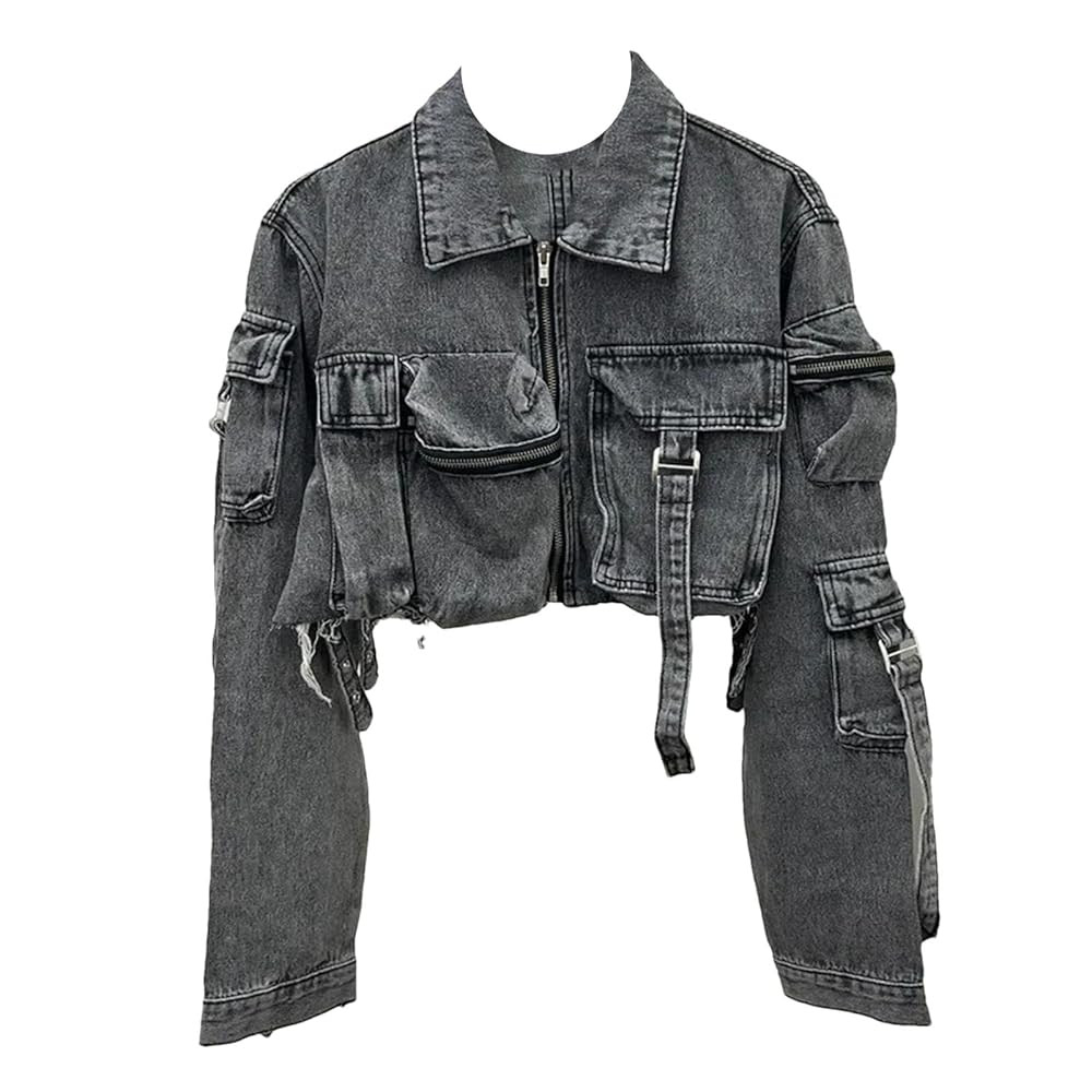 Women's Vintage Washed Denim Jacket - Blue Black Short Loose Big Pocket Lapel Long Sleeve Hole St... | Amazon (US)