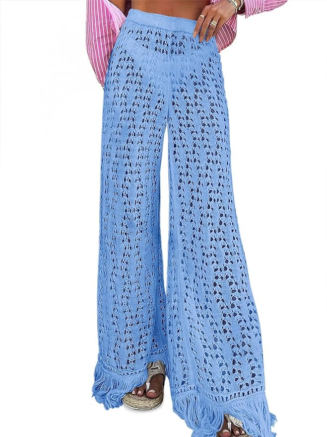Fisoew Womens Crochet Cover Up Pants Casual Wide Leg High Waisted Hollow Out Tassel Summer Beach ... | Amazon (US)