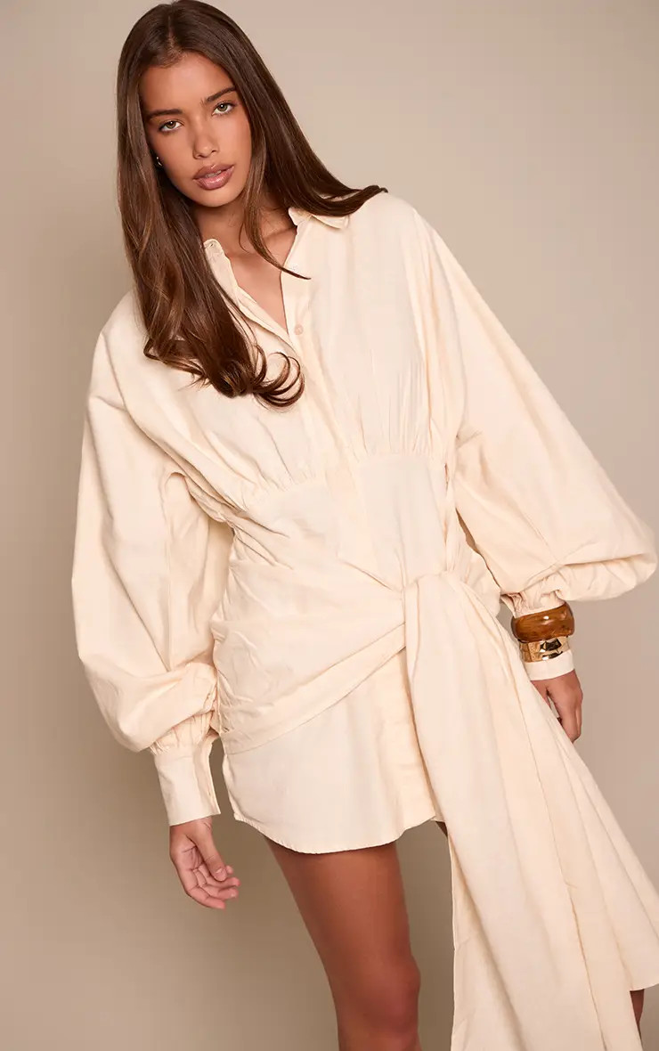 Cream Linen Look Tie Waist Shirt Dress | PrettyLittleThing US