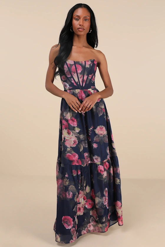 Roane Navy Floral Organza Bustier Maxi Dress | Lulus