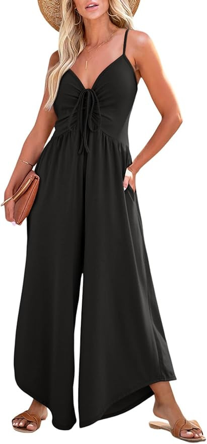 Dokotoo Womens Jumpsuits Spaghetti Straps Ruched Drawstring Knit Wide Leg Romper Casual Jumpsuits... | Amazon (US)