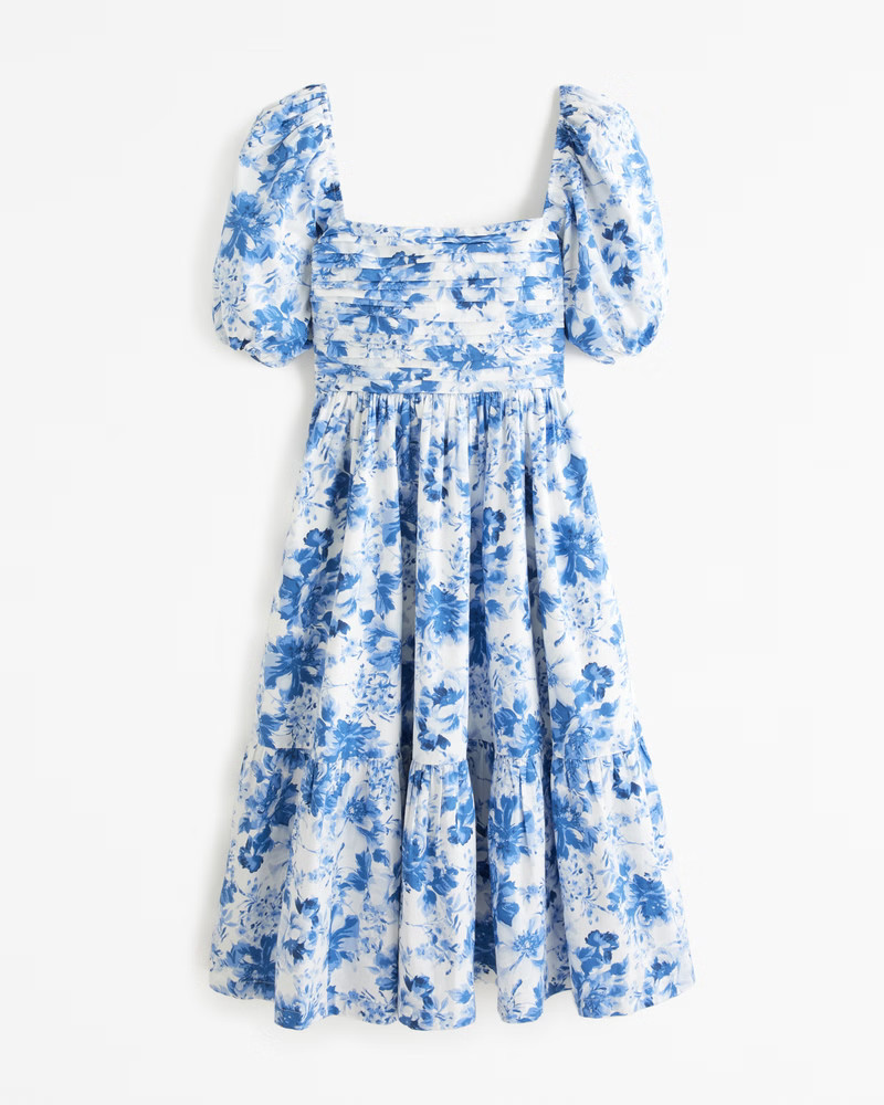 Abercrombie & Fitch Women's The A&F Emerson Poplin Puff Sleeve Midi Dress in Blue Floral - Size XS TALL | Abercrombie & Fitch (US)
