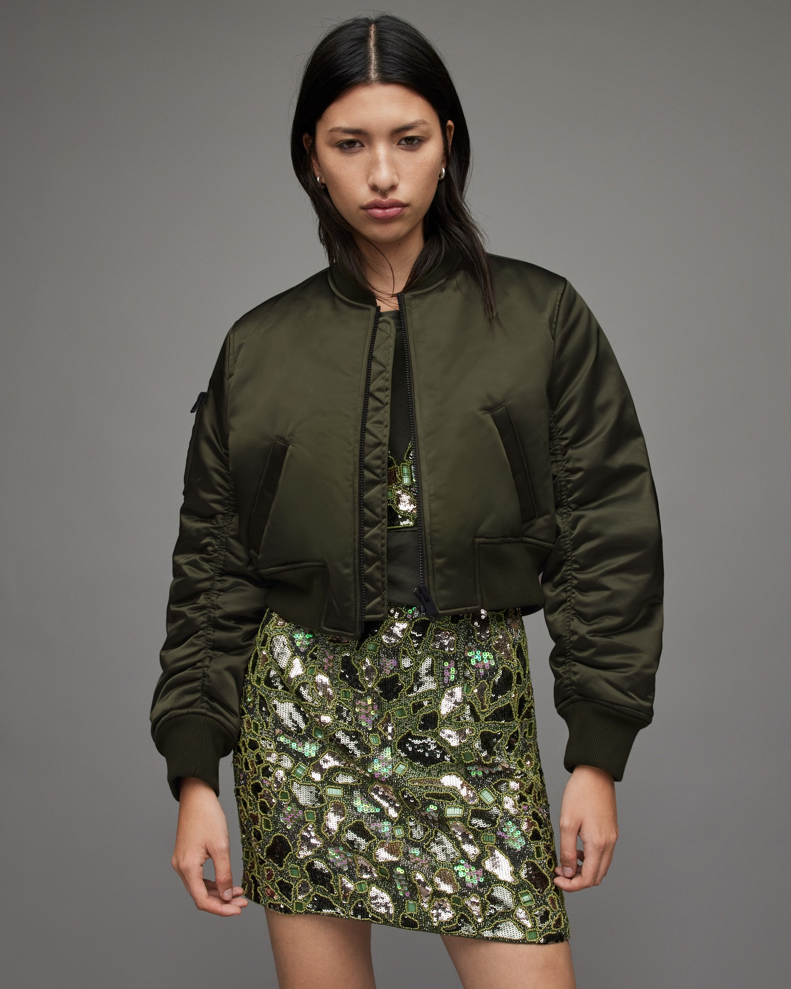 Calie Cropped Bomber Jacket Khaki Green | ALLSAINTS | AllSaints UK