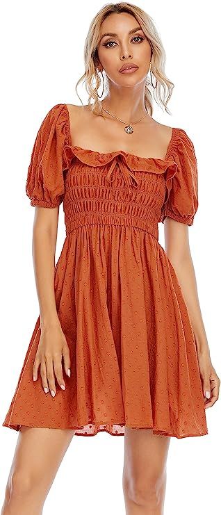 R.Vivimos Women's Summer Linen Short Sleeve Ruffled Floral Print Swing Dress | Amazon (US)