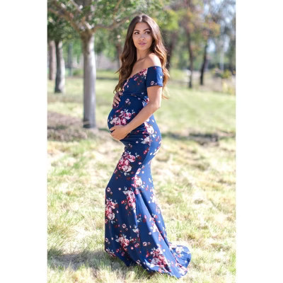 PinkBlush Navy Floral Off Shoulder Wrap Maternity Photoshoot Gown/Dress Navy Small | Target