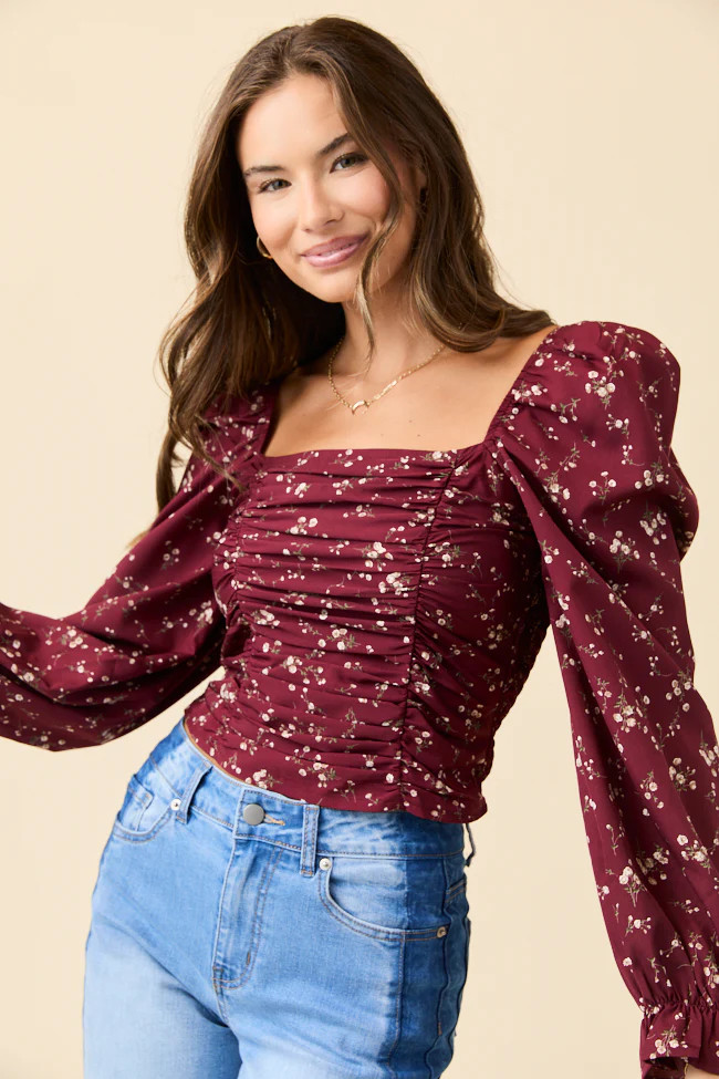 Brittney Ruched Claret Floral Top FINAL SALE | Pink Lily