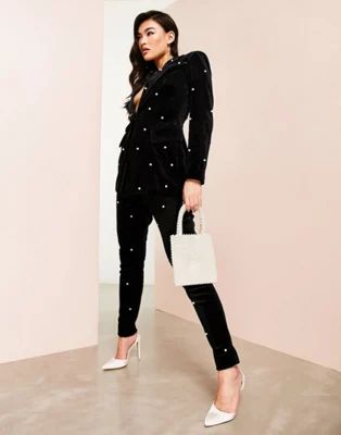 ASOS LUXE pearl velvet suit fitted blazer and pants set in black | ASOS (Global)